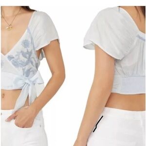 Free People White and Blue Floral Blouse